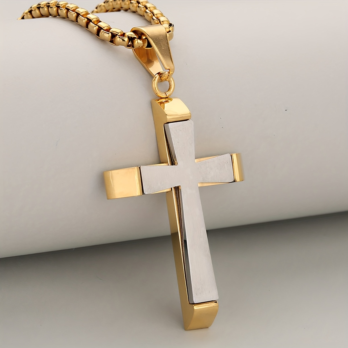 Double Layer Cross Pendant Necklace in Two-Tone Satin-Mirror Finish